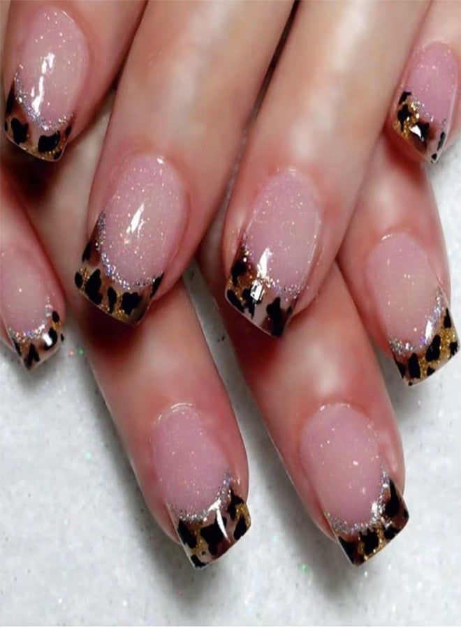 SINHOT Square Press on Nails Short Fake Nails Glossy Glue on Nails Leopard Print Acrylic Nails Bling Glitter Squoval Artificial Nails French Tip Stick on False Nails with Design 24 pcs - Image 1